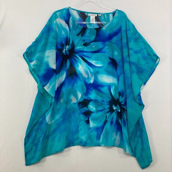 Susan Graver size XL Blue Navy Floral Soft Flowy Poncho Top Vacation Resortwear - Picture 1 of 10